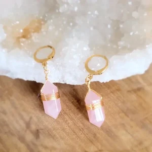Boucles d&rsquo;oreilles pointe « Amour » Quartz Rose