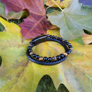 Bracelet "Force & Confiance" – Cuir, Œil de Tigre & Onyx